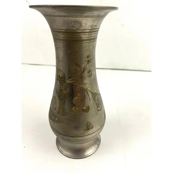 VTG Silver Tone Metal Middle Eastern Vase With Etching 8" Tall Birds Fish - Picture 10 of 14